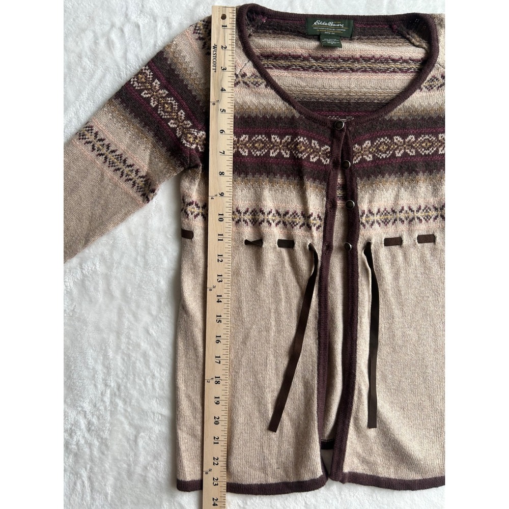 Eddie Bauer Womens Petite Small Fair Isle Cotton Merino Wool Cardigan Tan Brown - Picture 3 of 5